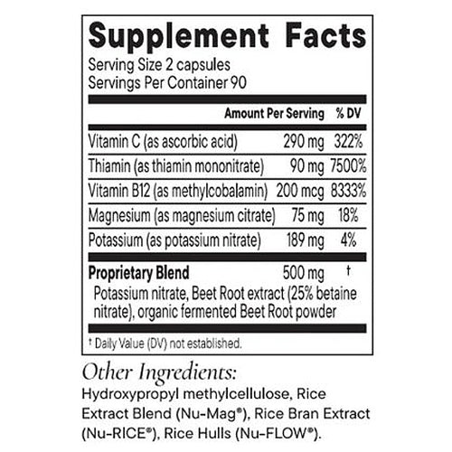 Supplement facts label with detailed nutritional information on a white background