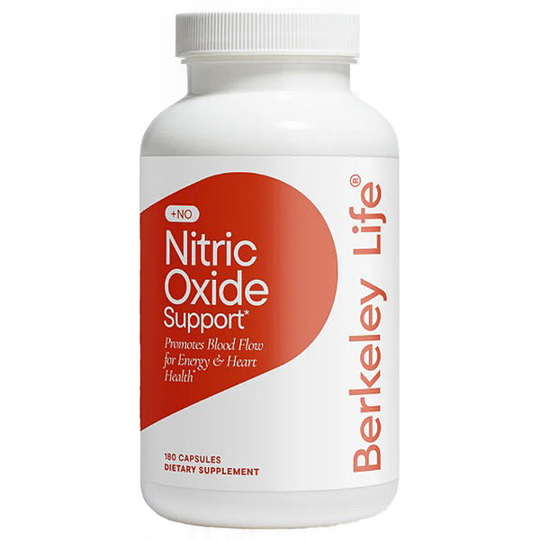 Supplement bottle labeled 'Nitric Oxide Support' by Berkeley Life on a white background