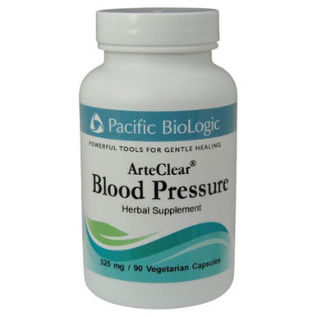 A bottle of Pacific Biologic ArteClear Blood Pressure Herbal Supplement with 90 vegetarian capsules.