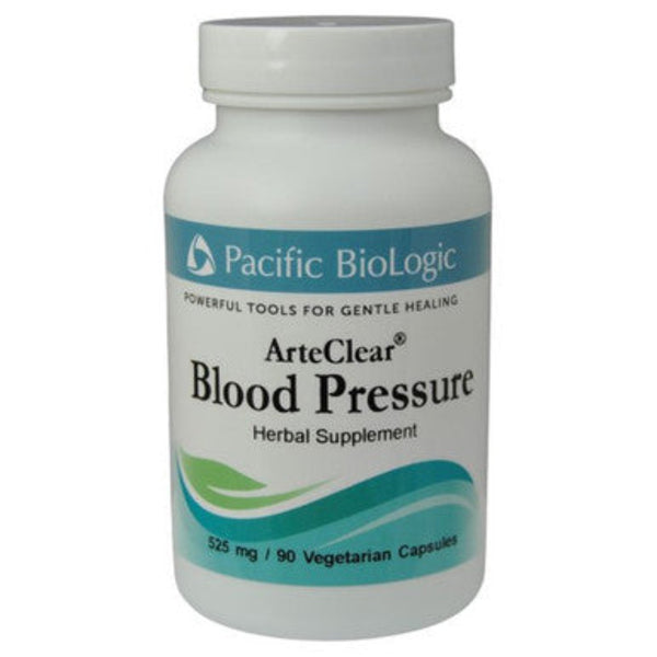 A bottle of Pacific Biologic ArteClear Blood Pressure Herbal Supplement with 90 vegetarian capsules.