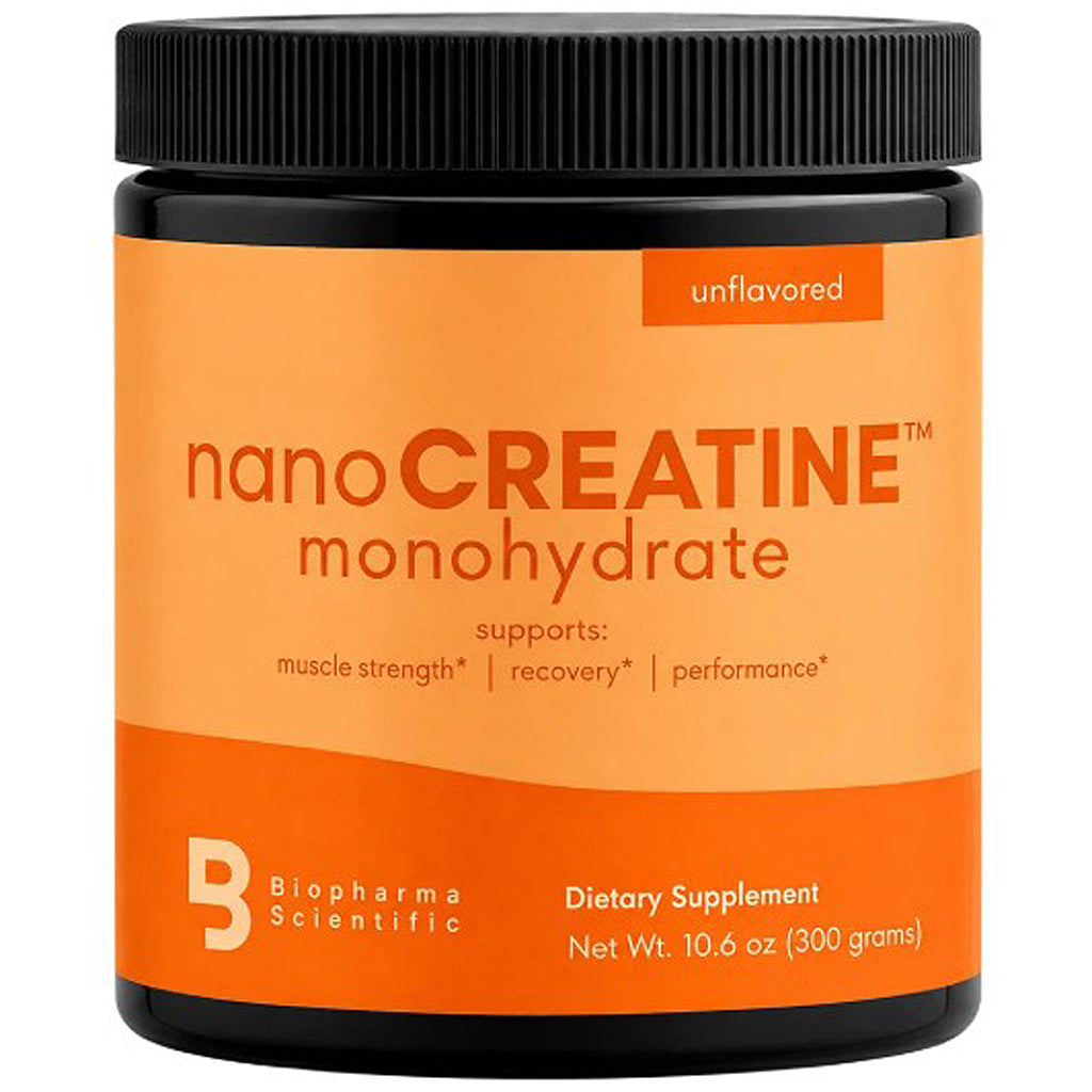 A black plastic jar of Biopharma Scientific nanoCreatine monohydrate dietary supplement with a bright orange label, shown on a plain white background.