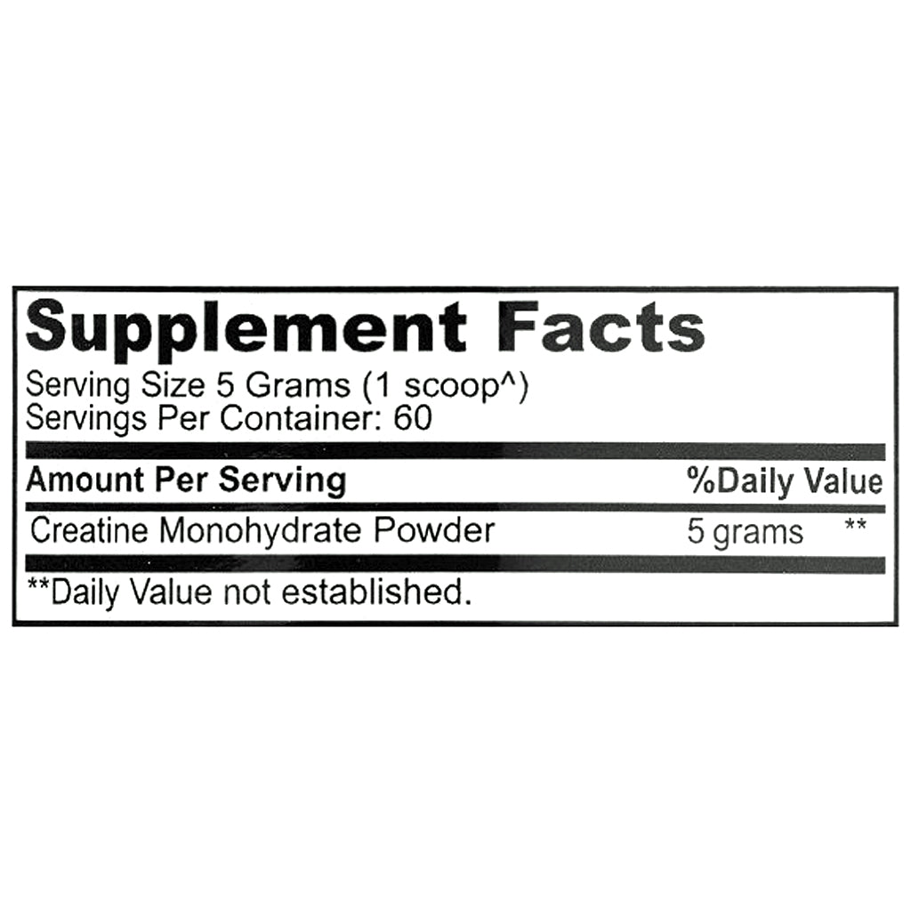 A black and white Supplement Facts label for Creatine Monohydrate Powder, showing serving size of 5 grams (1 scoop) and 60 servings per container.