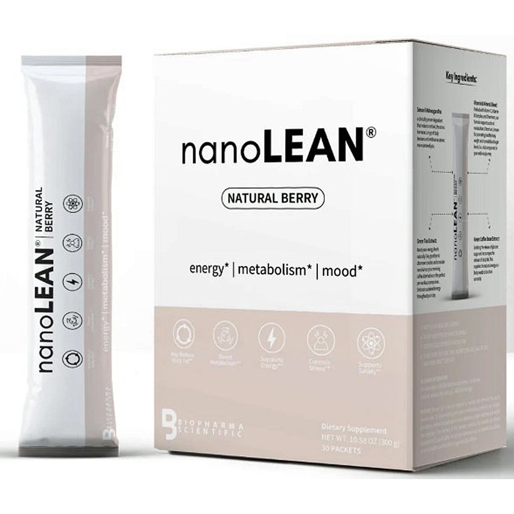 A box of nanoLEAN Natural Berry dietary supplement alongside a single sachet packet, shown on a clean white background.