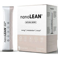 A box of nanoLEAN Natural Berry dietary supplement alongside a single sachet packet, shown on a clean white background.