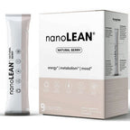 A box of nanoLEAN Natural Berry dietary supplement alongside a single sachet packet, shown on a clean white background.
