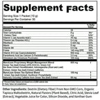 A black-and-white Supplement Facts label for a dietary supplement packet, showing serving size, calories, and a list of nutrients and ingredients including NanoLean Proprietary Weight Management, green tea, and dextrin.