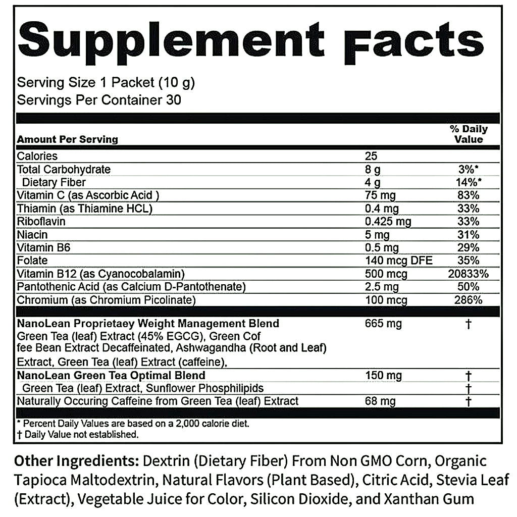 A black-and-white Supplement Facts label for a dietary supplement packet, showing serving size, calories, and a list of nutrients and ingredients including NanoLean Proprietary Weight Management, green tea, and dextrin.