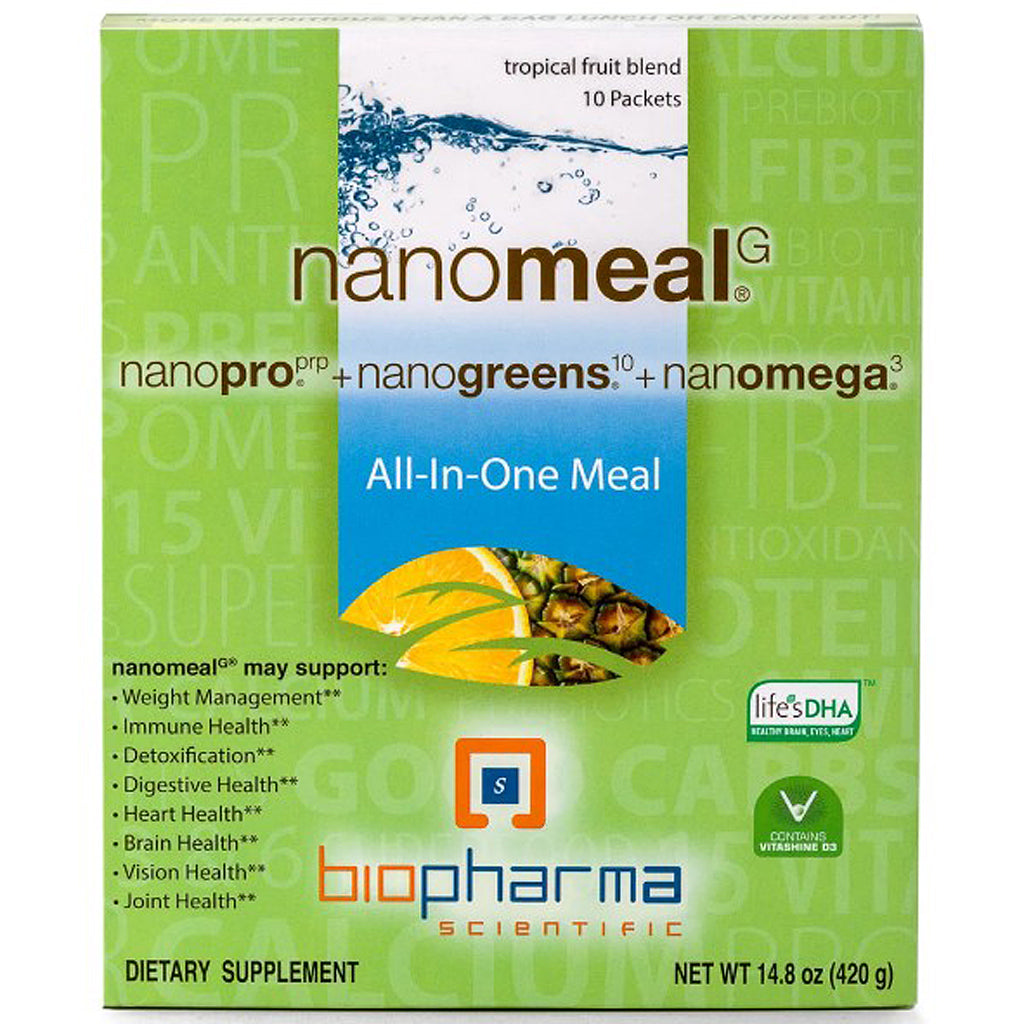 Front-facing box of nanomeal G All-In-One Meal dietary supplement by biopharma scientific, with a green and white package design, blue water graphic, pineapple and citrus imagery, and product text including nanopro and nanongreens.