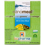 Front-facing box of nanomeal G All-In-One Meal dietary supplement by biopharma scientific, with a green and white package design, blue water graphic, pineapple and citrus imagery, and product text including nanopro and nanongreens.