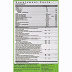 A supplement facts label with a green header and dense black text listing nutrients and ingredients, photographed against a white background.