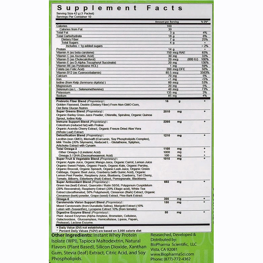A supplement facts label with a green header and dense black text listing nutrients and ingredients, photographed against a white background.