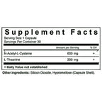 A supplement facts label showing N-Acetyl-L-Cysteine 600 mg and L-Theanine 200 mg per capsule, with other ingredients listed below.