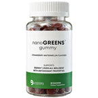 A bottle of nanoGREENS gummy dietary supplements, strawberry-watermelon flavored, containing 60 gummies. The product is shown in a clear plastic bottle with a white ribbed cap and a white label featuring a green band at the bottom.