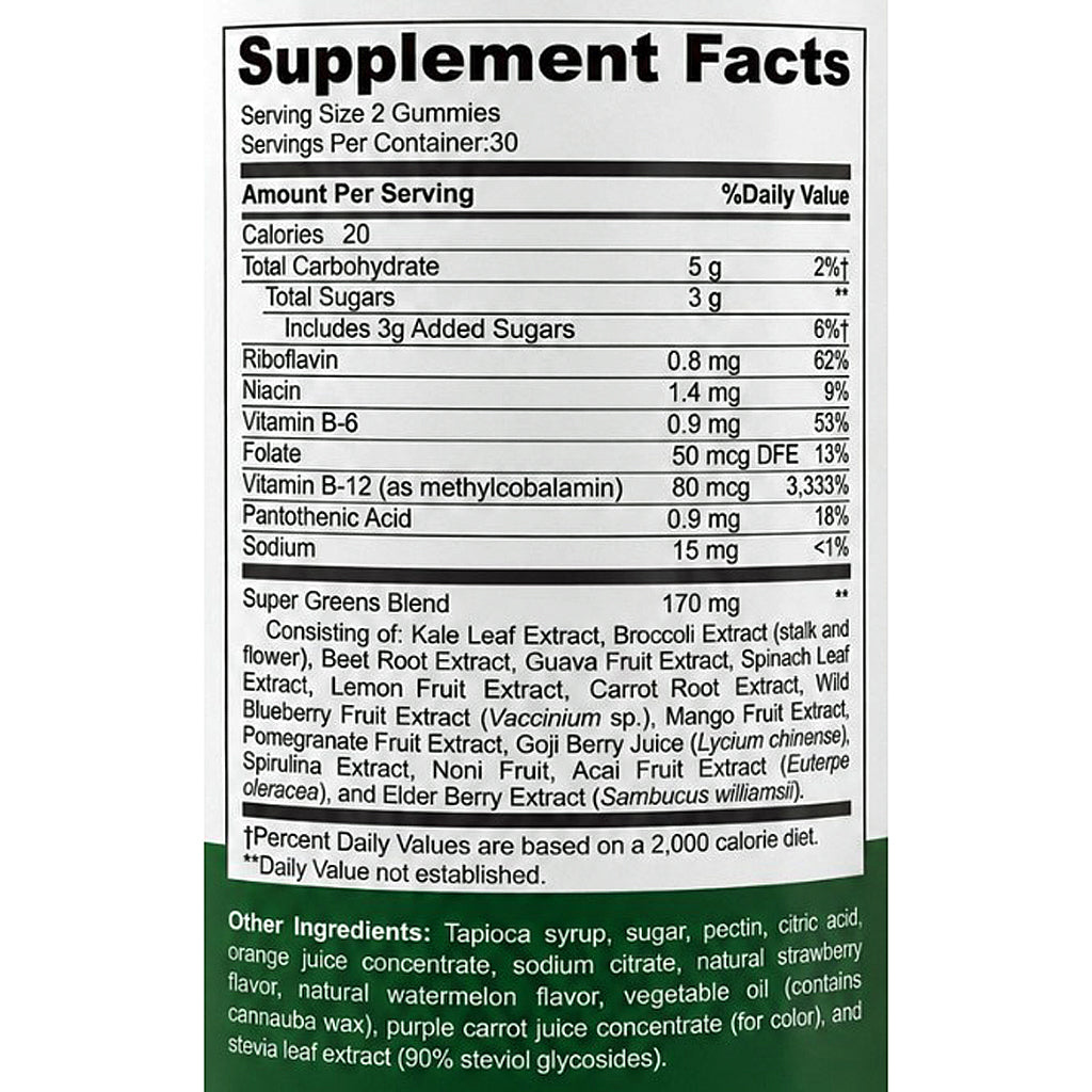 A close-up of a supplement facts label for a gummy product, showing serving size 2 gummies, calories, ingredients list, and a dark green lower section with other ingredients. No person, animal, or real environment is present, so this is Product/Packaging rather than Lifestyle.