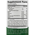 A close-up of a supplement facts label for a gummy product, showing serving size 2 gummies, calories, ingredients list, and a dark green lower section with other ingredients. No person, animal, or real environment is present, so this is Product/Packaging rather than Lifestyle.