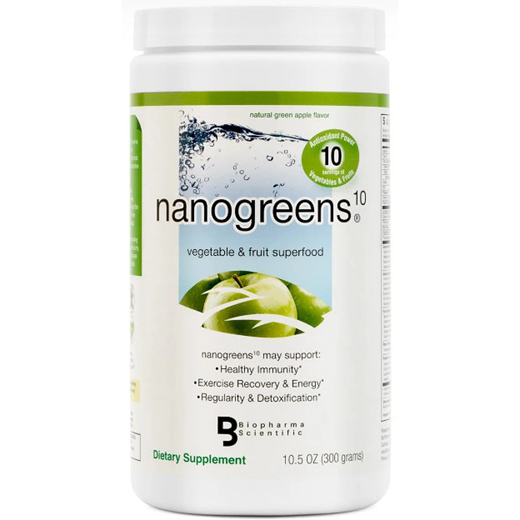 A white plastic bottle of Biopharma Scientific nanogreens dietary supplement, 10.5 oz (300 grams).