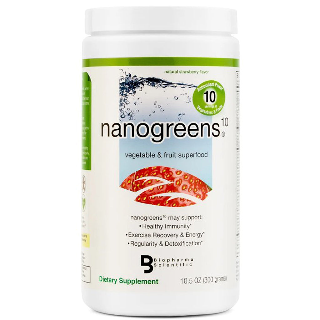 A white plastic bottle of nanogreens 10 vegetable and fruit superfood dietary supplement by Biopharms Scientific, featuring a white cap and a label with green, blue, and red graphics.