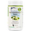 A white plastic bottle of Biophase Scientific nanogreens+ Probiotic dietary supplement, featuring a green and white label with apple graphics.