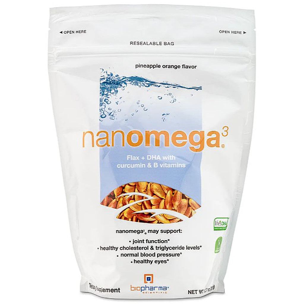 A white resealable stand-up pouch of biopharma nanOmega 3 supplement, pineapple orange flavor. The front of the bag features a blue water graphic, orange 'nanOmega 3' branding, and an image of flax seeds.