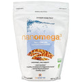 A white resealable stand-up pouch of biopharma nanOmega 3 supplement, pineapple orange flavor. The front of the bag features a blue water graphic, orange 'nanOmega 3' branding, and an image of flax seeds.