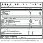 A Supplement Facts nutrition label panel showing serving size 12 g (1 scoop), with a serving per container of 30, listing nutrients such as calories, fat, fiber, protein, vitamins, and omega-3 in a black-and-white table format.