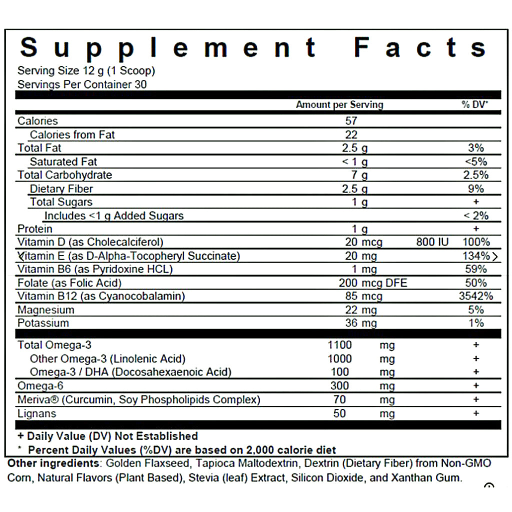 A Supplement Facts nutrition label panel showing serving size 12 g (1 scoop), with a serving per container of 30, listing nutrients such as calories, fat, fiber, protein, vitamins, and omega-3 in a black-and-white table format.