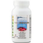 A white plastic bottle of BioPharma NanoMinerals dietary supplement with a white cap, featuring a label with blue, red, and green graphics on a white background.