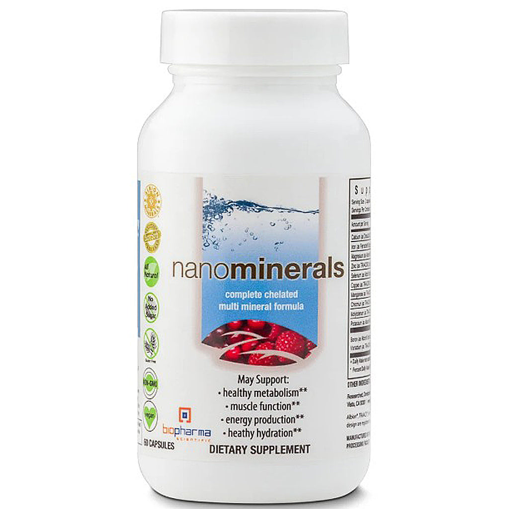 A white plastic bottle of BioPharma NanoMinerals dietary supplement with a white cap, featuring a label with blue, red, and green graphics on a white background.