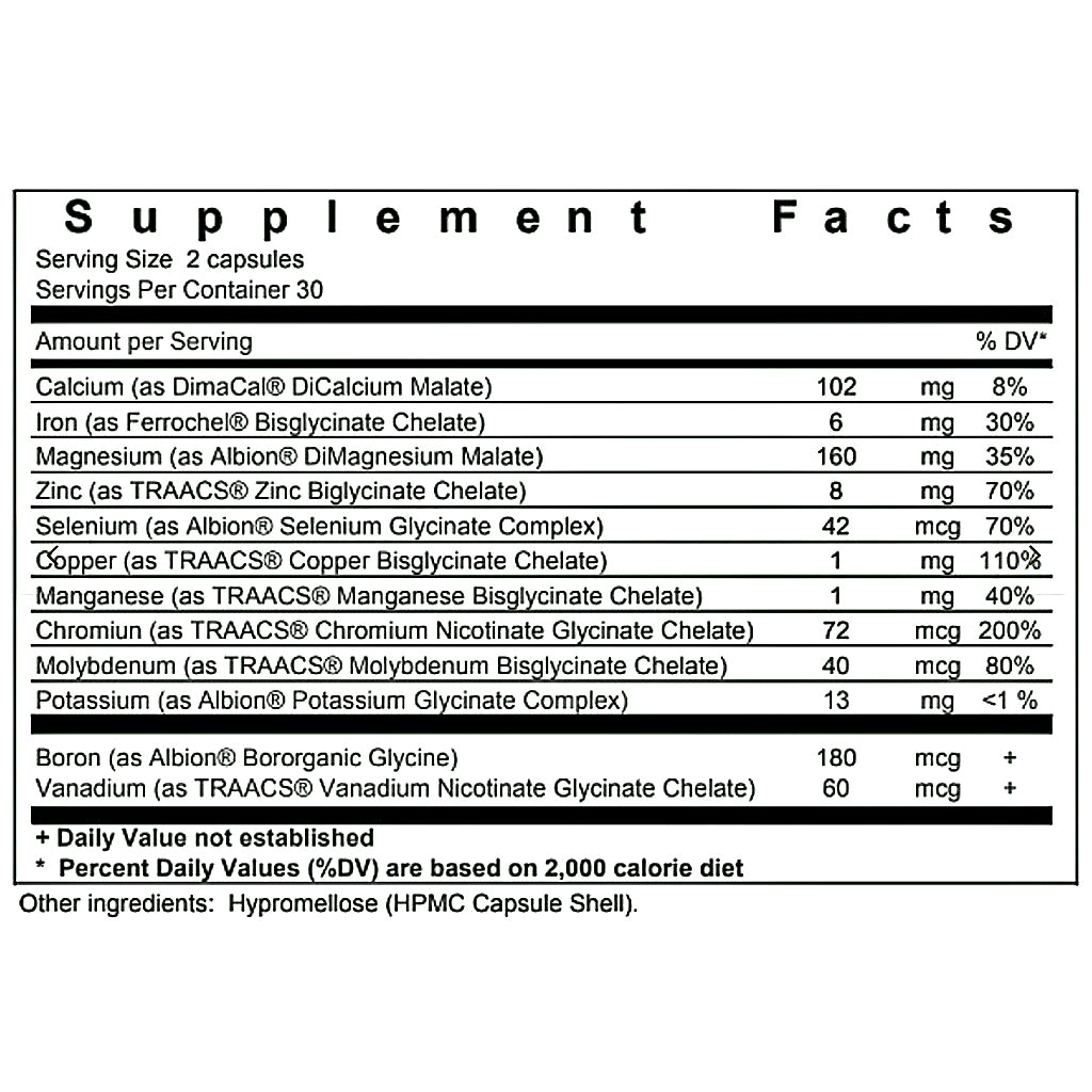 A supplement facts label showing a list of nutrients and ingredients per serving, including Calcium, Iron, Magnesium, Zinc, Selenium, Copper, Manganese, Potassium, and Boron, with daily value percentages and mg/cg amounts.