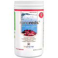 A white plastic tub of biopharma SCIENTIFIC nanoreds 10 dietary supplement powder, featuring a label with a blue water graphic, red berry illustrations, and a red circular badge indicating 10,000 mg Resveratrol.
