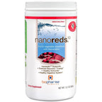 A white plastic tub of biopharma SCIENTIFIC nanoreds 10 dietary supplement powder, featuring a label with a blue water graphic, red berry illustrations, and a red circular badge indicating 10,000 mg Resveratrol.