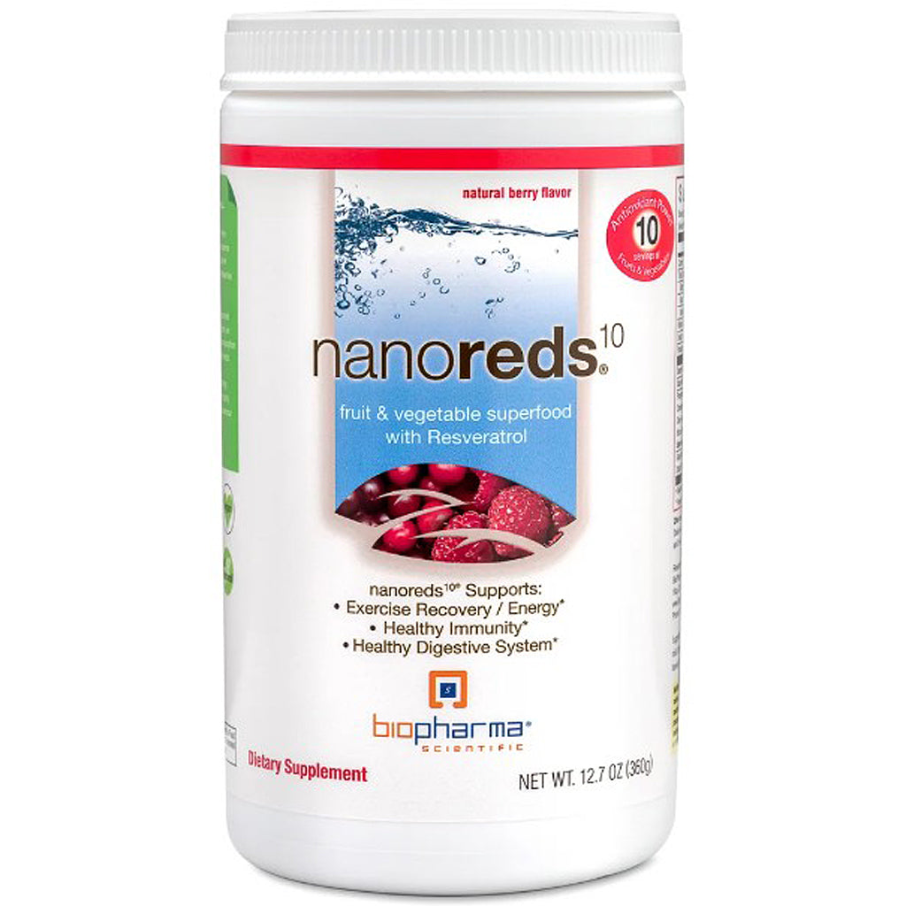 A white plastic tub of biopharma SCIENTIFIC nanoreds 10 dietary supplement powder, featuring a label with a blue water graphic, red berry illustrations, and a red circular badge indicating 10,000 mg Resveratrol.
