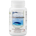 A white plastic bottle of nanosnooze dietary supplement containing L-Theanine, Melatonin, and Magnesium, on a clean white background.