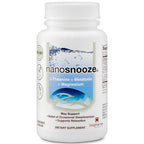 A white plastic bottle of nanosnooze dietary supplement containing L-Theanine, Melatonin, and Magnesium, on a clean white background.