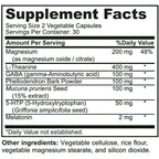 A black and white supplement facts label showing ingredients and daily value information for a vegetable capsule product. Visible text includes Magnesium, L-Theanine, GABA, Phellodendron Bark Powder, Mucuna pruriens Seed, 5-HTP, and Melatonin, with a serving size of 2 vegetable capsules.