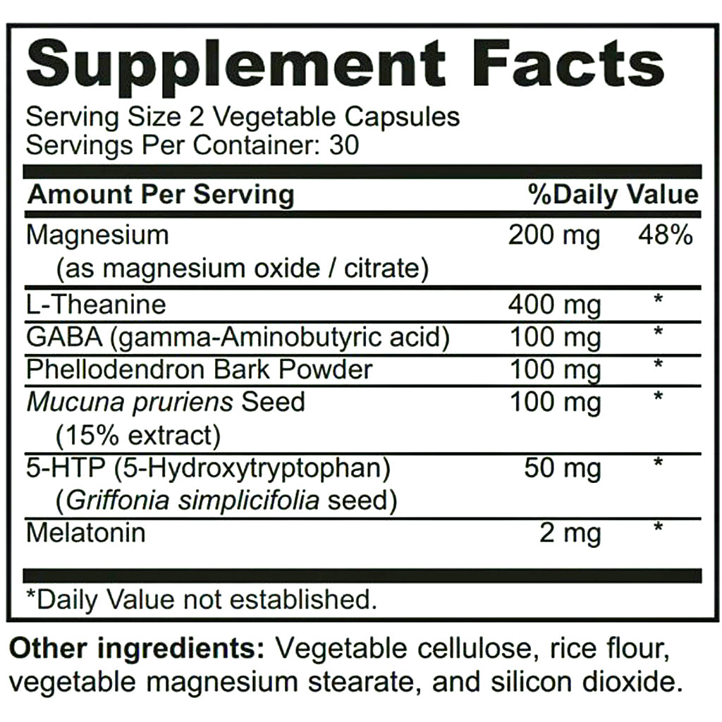 A black and white supplement facts label showing ingredients and daily value information for a vegetable capsule product. Visible text includes Magnesium, L-Theanine, GABA, Phellodendron Bark Powder, Mucuna pruriens Seed, 5-HTP, and Melatonin, with a serving size of 2 vegetable capsules.