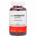 A bottle of nanoPROBIOTIC gummy dietary supplement, strawberry flavored, containing 60 gummies. The product is shown in a clear plastic bottle with a white cap and a white label featuring a red bottom band, on a plain white background.