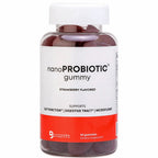 A bottle of nanoPROBIOTIC gummy dietary supplement, strawberry flavored, containing 60 gummies. The product is shown in a clear plastic bottle with a white cap and a white label featuring a red bottom band, on a plain white background.