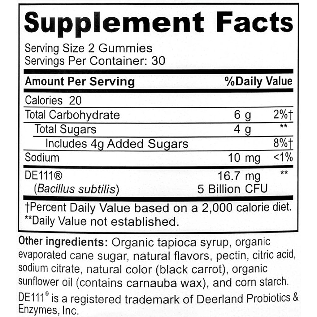 A black-and-white Supplement Facts label for Deerland Probiotics & Enzymes DE111 gummies, showing serving size, calories, nutrients, and other ingredients.