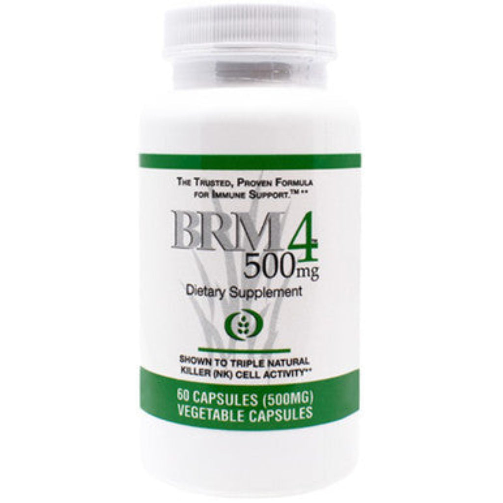 A bottle of Progressive Labs BRM4 500mg dietary supplement containing 60 capsules, labeled as a product for immune support.