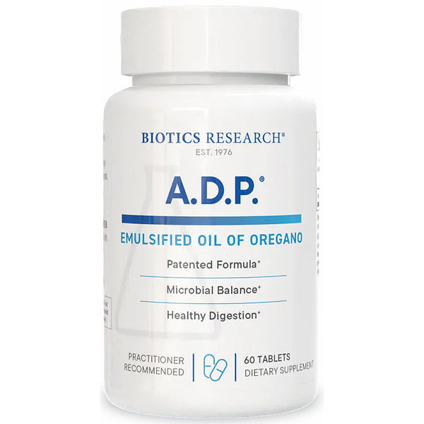 Biotics Research A.D.P. Emulsified Oil of Oregano supplement bottle on a white background