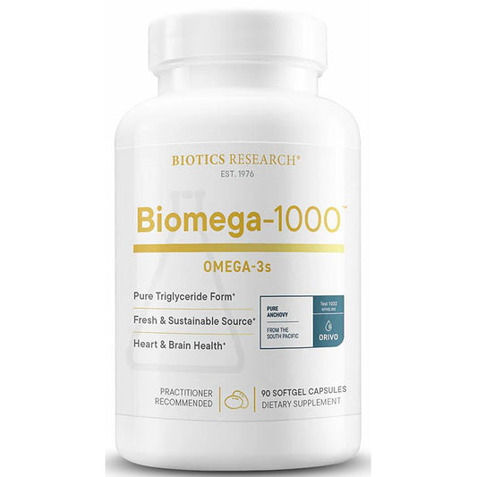Biotics Research Biomega-1000 Omega-3s supplement bottle on a white background