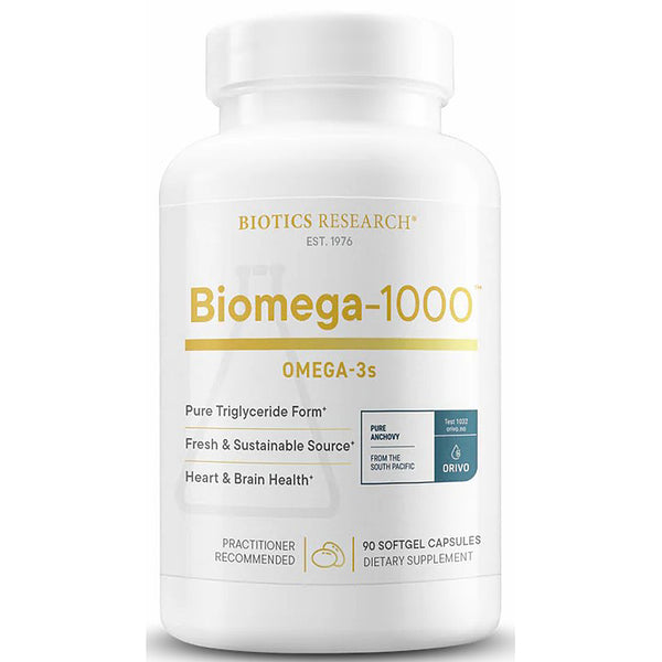 Biotics Research Biomega-1000 Omega-3s supplement bottle on a white background