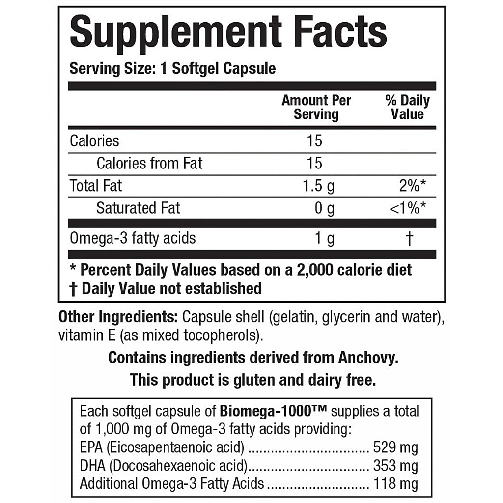 Supplement facts label for a Biomega-1000 supplement capsule