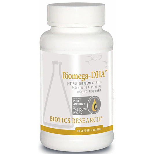 Biomega-DHA dietary supplement bottle with Biotics Research branding on a white background