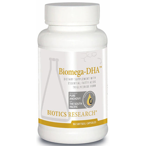 Biomega-DHA dietary supplement bottle with Biotics Research branding on a white background
