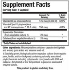 Supplement facts label with detailed nutritional information on a black background