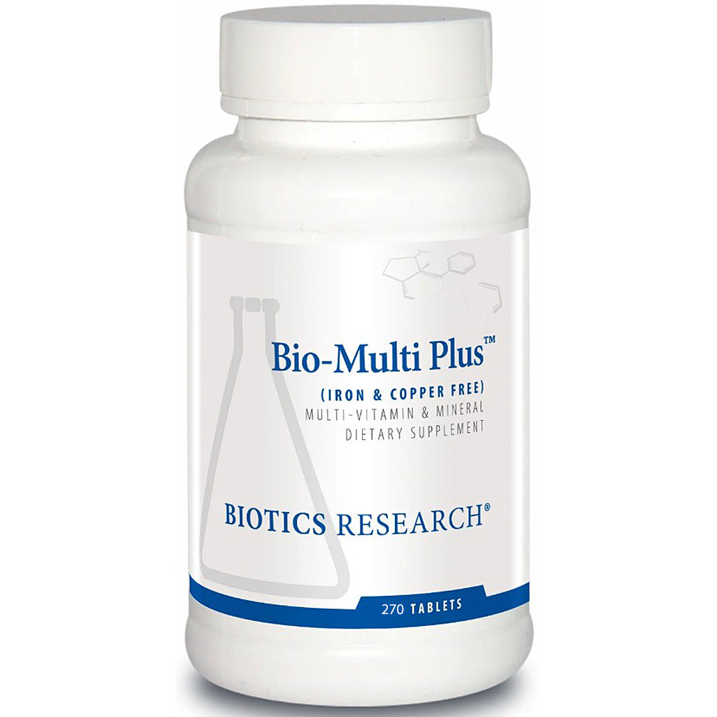 A white plastic bottle of Biotics Research Bio-Multi Plus dietary supplement with a white cap, featuring blue and gray text on a clean white background.