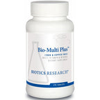 A white plastic bottle of Biotics Research Bio-Multi Plus dietary supplement with a white cap, featuring blue and gray text on a clean white background.