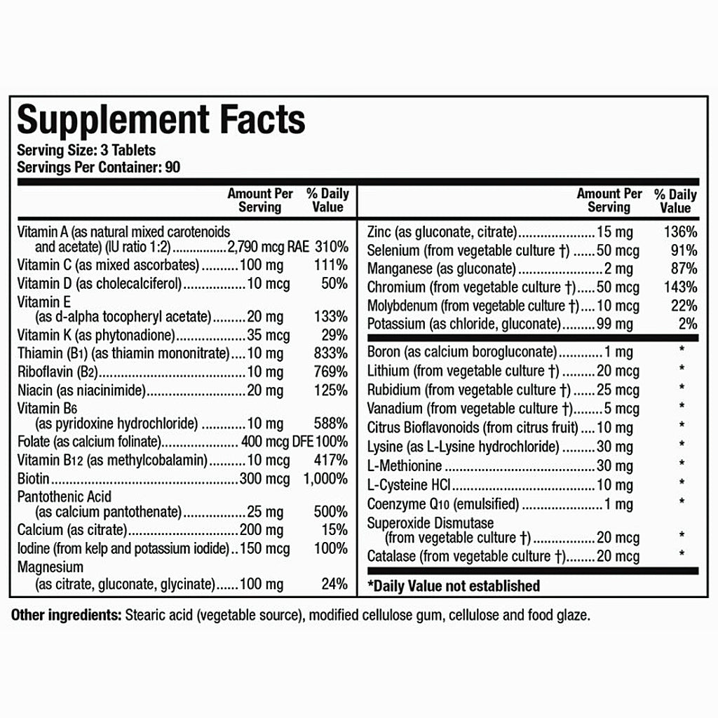 A black-and-white Supplement Facts label showing a daily value table with vitamins and minerals listed in mg amounts, serving size 3 tablets, and other ingredients note at the bottom.